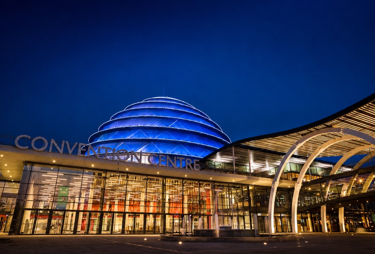 The Kigali Convention Centre with its illuminated dome lit at dusk