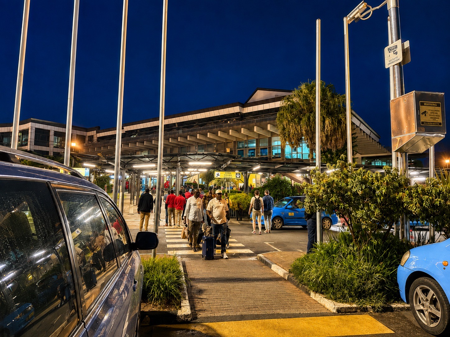 Travelers arriving at Kigali International Airport at dusk